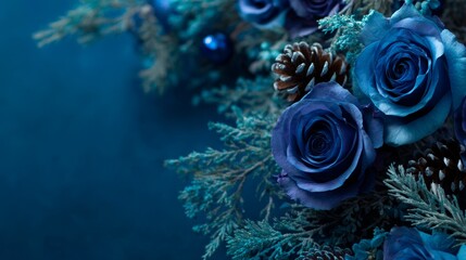 Blue roses arranged on festive party background