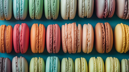Colorful macarons overhead aligned in rows, cool soft light, perfection and color theme, commercial flat lay photo