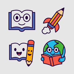 Cartoon Fun Education Mascot Icons. Fun Learning Characters, Book, Robot, Rocket, VR, Earth, Owl,Bag