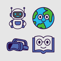 Cartoon Fun Education Mascot Icons. Fun Learning Characters, Book, Robot, Rocket, VR, Earth, Owl,Bag