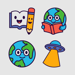 Cartoon Fun Education Mascot Icons. Fun Learning Characters, Book, Robot, Rocket, VR, Earth, Owl,Bag