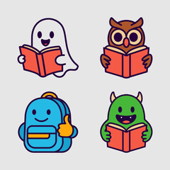 Cartoon Fun Education Mascot Icons. Fun Learning Characters, Book, Robot, Rocket, VR, Earth, Owl,Bag