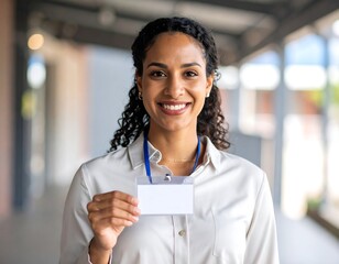Woman holding blank name badge