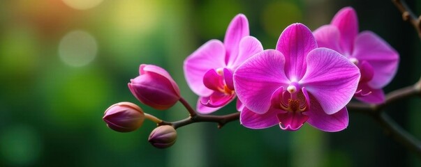 Vibrant pink orchid branch, lush exotic detail , stem, pink