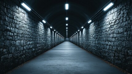 Stone tunnel pathway illuminated by lights at night.