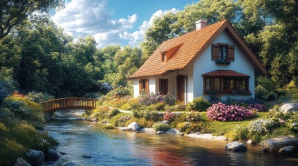 Obraz premium Dreamy Cottage by the River: A Serene Escape
