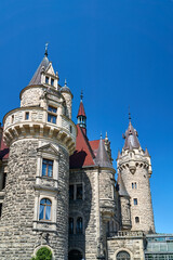Stone towers of the historic, Neo-Gothic Moszna Castle