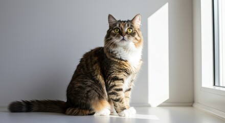 Adorable Siberian Cat Sitting by Window in Sunlight, Fluffy Fur, Captivating Gaze, Domestic Pet