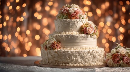 Three tiered wedding cake on festive celebration background