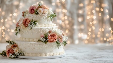 Three tiered wedding cake on festive celebration background
