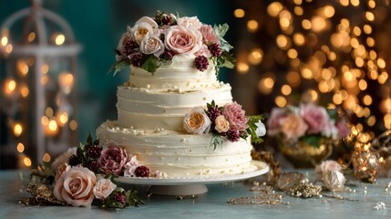 Three tiered wedding cake on festive celebration background