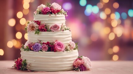 Three tiered wedding cake on festive celebration background