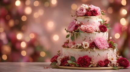 Three tiered wedding cake on festive celebration background