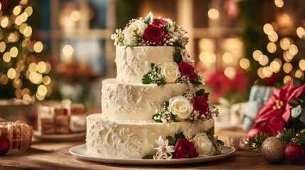 Three tiered wedding cake on festive celebration background