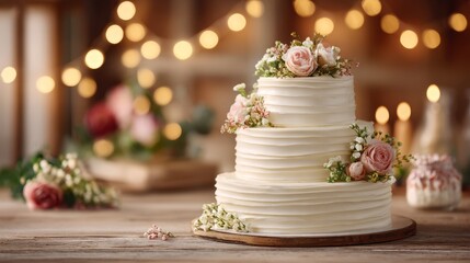 Three tiered wedding cake on festive celebration background