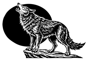 Obraz premium An intricate black and white engraving depicts a wolf howling against a dark, full moon.