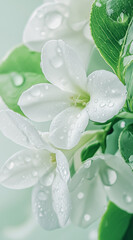 Closeup of white flower petals with fresh dew drops on green leafy background
