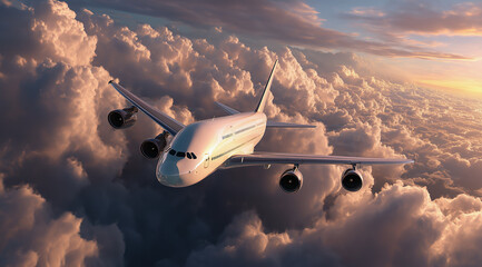 Passenger airplane soaring above clouds during golden hour sunset flight
