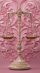 Ornate golden balance scale against embossed pink decorative floral backdrop
