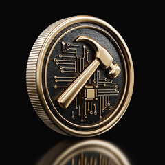 Gold coin with hammer and digital circuit design representing tech industry concept

