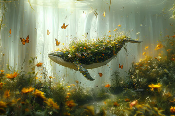 Fantasy whale covered in wildflowers floating in magical forest with butterflies
