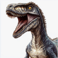 Ferocious velociraptor with open jaws showing teeth on clean white background
