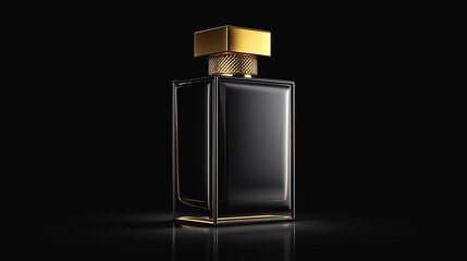 Luxurious black perfume bottle with golden cap on reflective black surface
