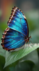 Close up of vibrant blue butterfly resting on green leaf in natural garden light

