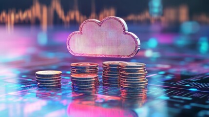 Wooden cloud icon floats above stacks of gold coins on a digital background, symbolizing cloud computing and financial growth.