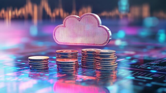 Wooden cloud icon floats above stacks of gold coins on a digital background, symbolizing cloud computing and financial growth.
