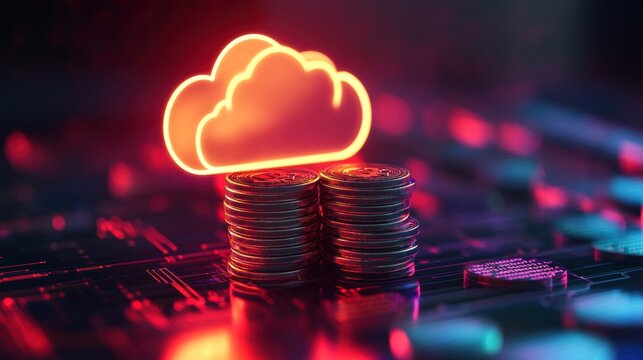 Glowing cloud icon above stacks of coins on a circuit board, representing digital finance.