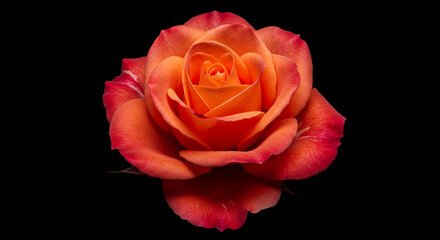 Close-up studio shot of a beautiful orange rose flower isolated on a black background