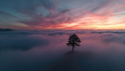 Naklejka premium Solitary tree atop a cloud sea at sunset