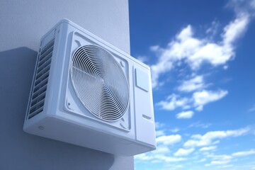 An outdoor air conditioner unit installed on a rooftop, surrounded by blue sky and nearby buildings. No other visible objects in the scene.