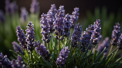 Fototapeta premium Natural background of lavender flowers with water droplets, rich contrast and vibrant color, perfect for backgrounds, prints, or lifestyle visuals.