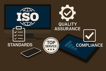 ISO Certification and Quality Assurance concept with digital shield and compliance symbols 