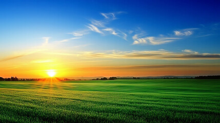 Obraz premium Empty green lawn under a blue sky with white clouds, sunlight, rural scenery wallpaper