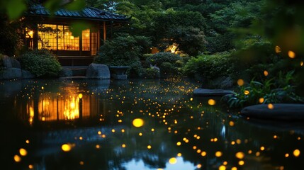 Enchanted evening: traditional japanese house reflected in serene pond adorned with fireflies