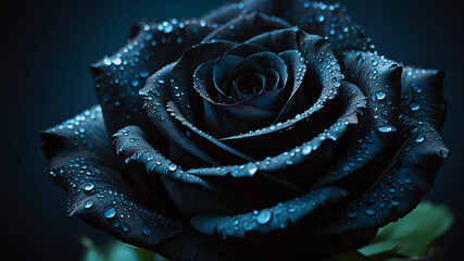 Beautiful of black rose with velvety petals and shimmering water droplets against a cool blue gradient. Ideal for luxury branding, gothic aesthetics, and mysterious floral concepts.