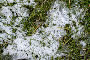 A snowy field with grass and snow