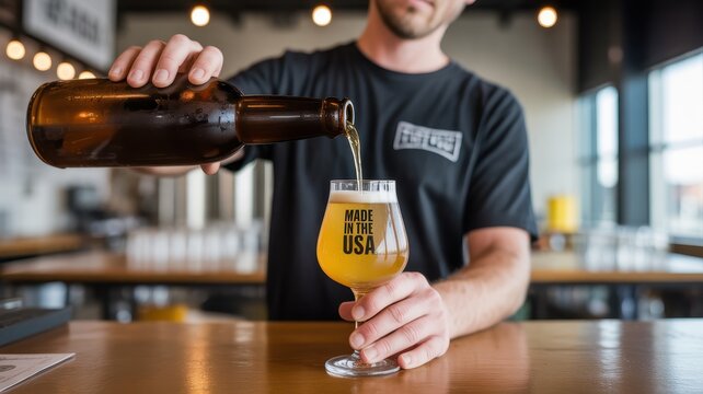 Trendy urban brewery with craft brewer pouring beer into a glass during a bustling evening. Made In The USA Day