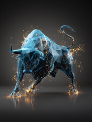 Futuristic blue polygonal bull charging with glowing sparks and energy effects
