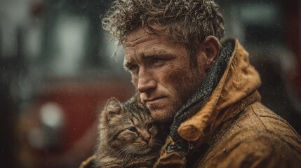 Outdoor portrait of a man holding a cat in a rainy setting with dramatic lighting and rural background. National Pet Fire Safety Day