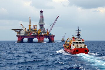 Fototapeta premium Red Supply Vessel Approaching Offshore Oil Platform Under Cloudy Sky with Calm Ocean Waves in Background