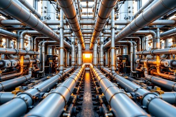 Industrial Pipes and Machinery with Radiant Sunlight Streaming Through a Factory Structure at Dawn