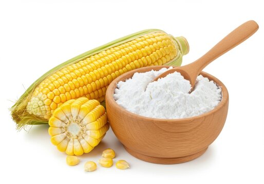 Corn and cornstarch in a wooden bowl with spoon