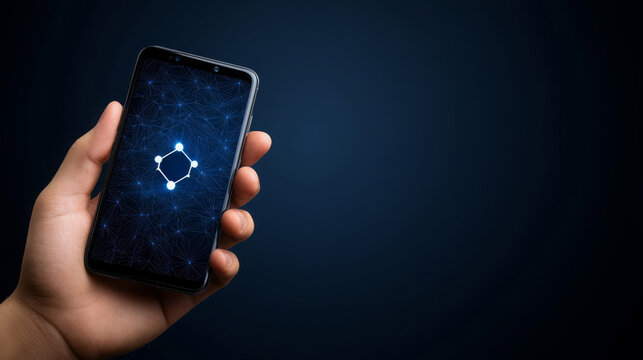 Hand holding smartphone displaying digital network design, symbolizing technology