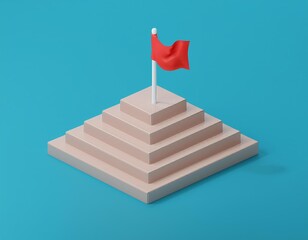 3D red flag flying atop a pyramid of steps