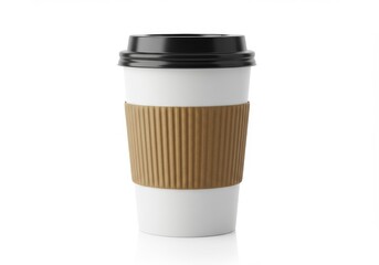 Disposable coffee cup with black lid and cardboard sleeve