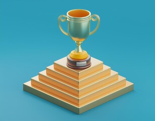 3D golden trophy sits atop a podium